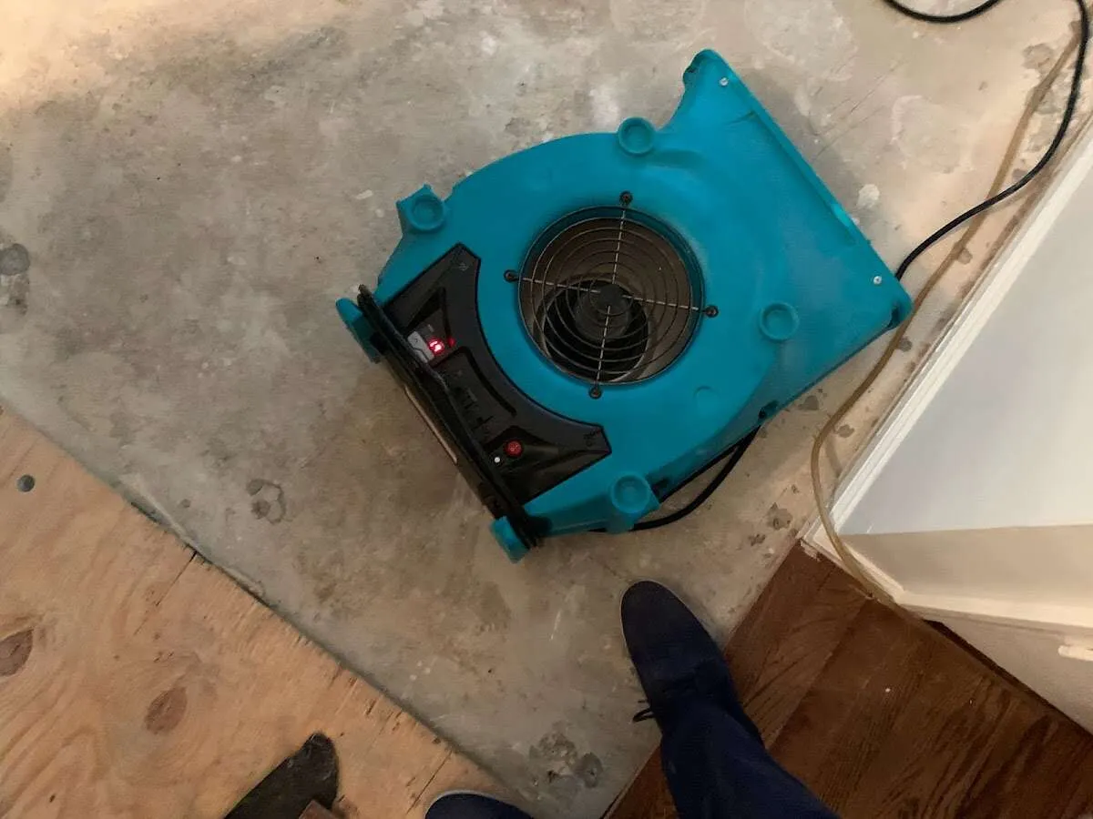 Air mover drying subfloor during Commercial Water Damage Restoration in Lake Forest Park
